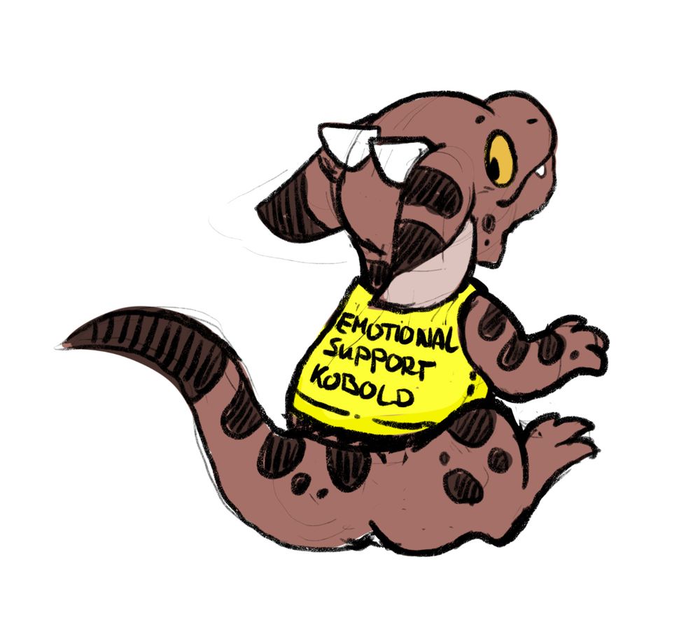 A drawing of a kobold seen from the back in a high vis jacket, it reads emotional support kobold