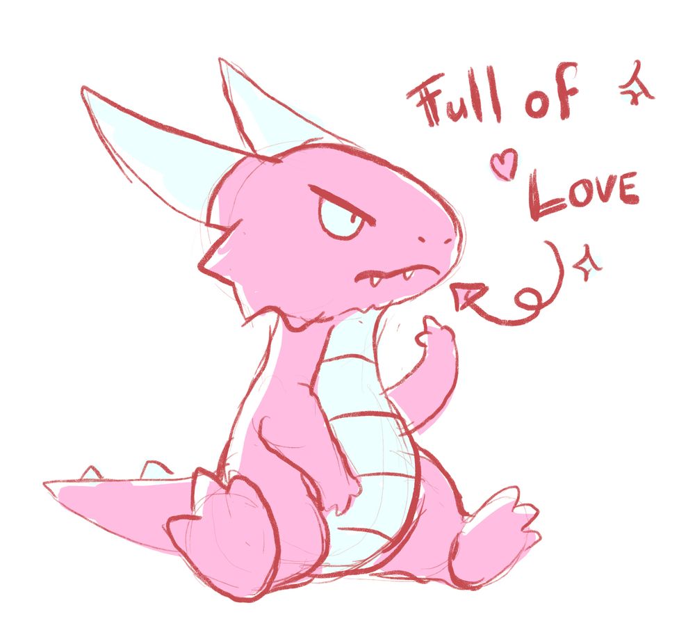 A drawing of a pink and blue kobold that is sitting on its butt. It appears to be making a rude gesture but we can’t be for certain with these tiny fingers. There is a text next to the horrible creature, accompanied with an arrow pointing at the kobold, the text reads: full of love