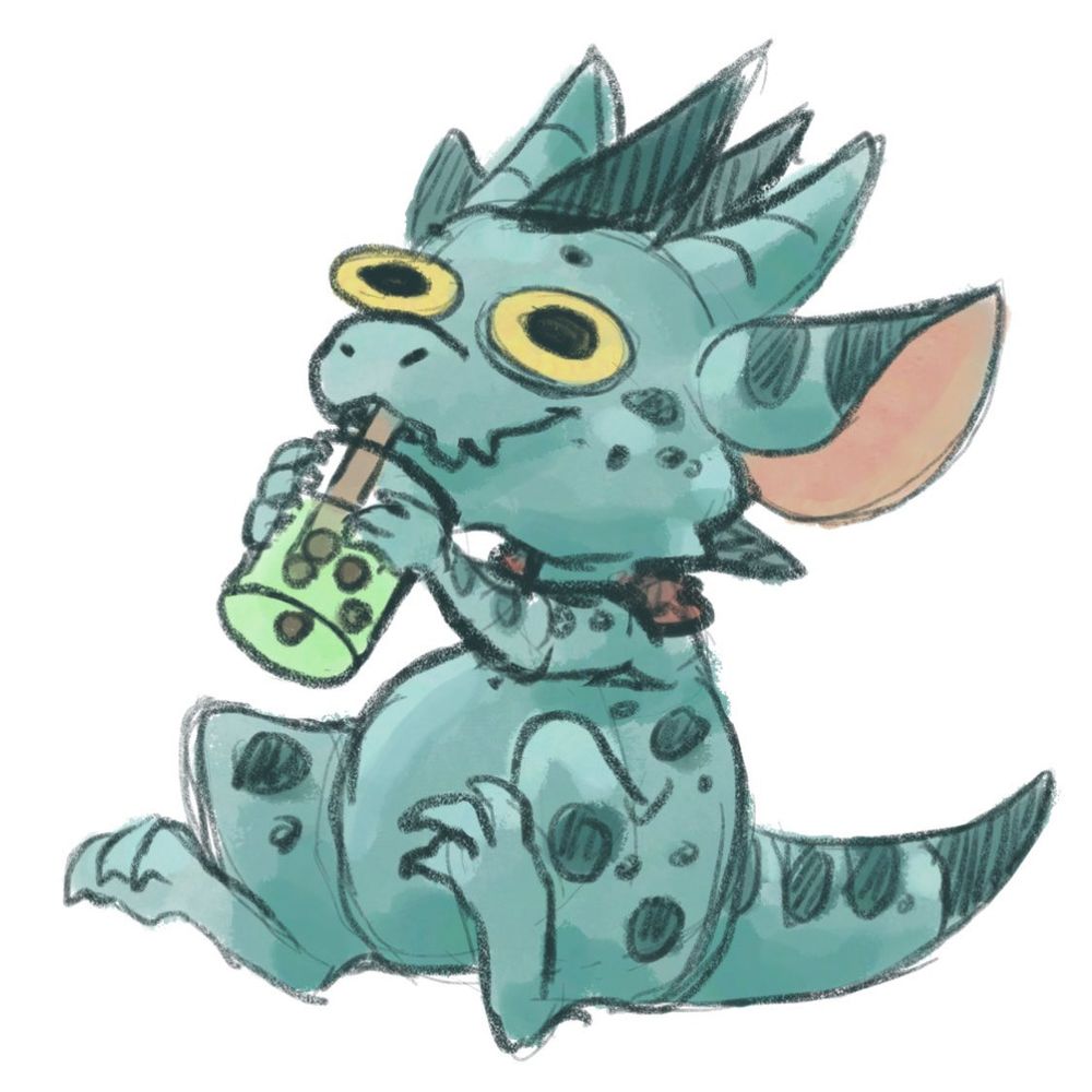 a teal kobold is sipping some honeydew melon bubble tea