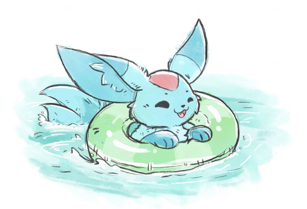A drawing of a carbuncle from final fantasy 14 splashing around in some water, using a floatie