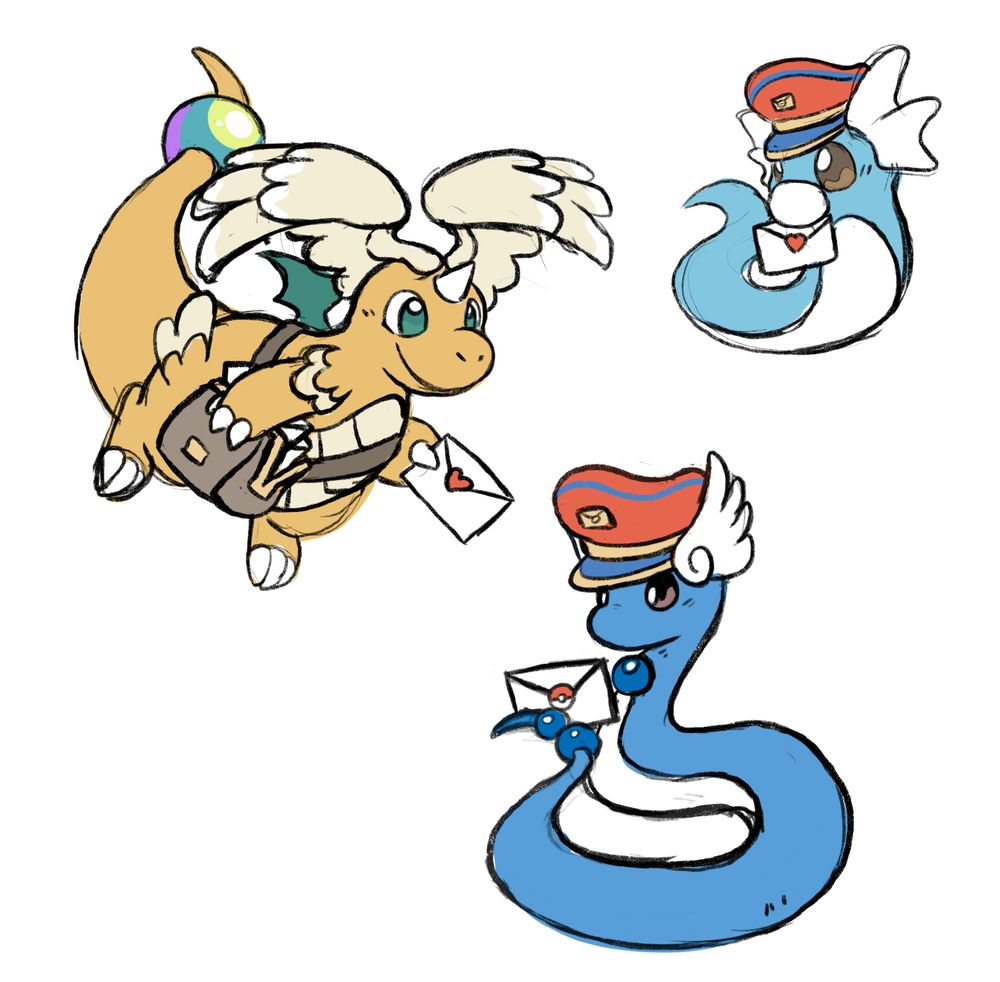 A drawing featuring a mail delivery mega dragonite, dragonair and dratini
