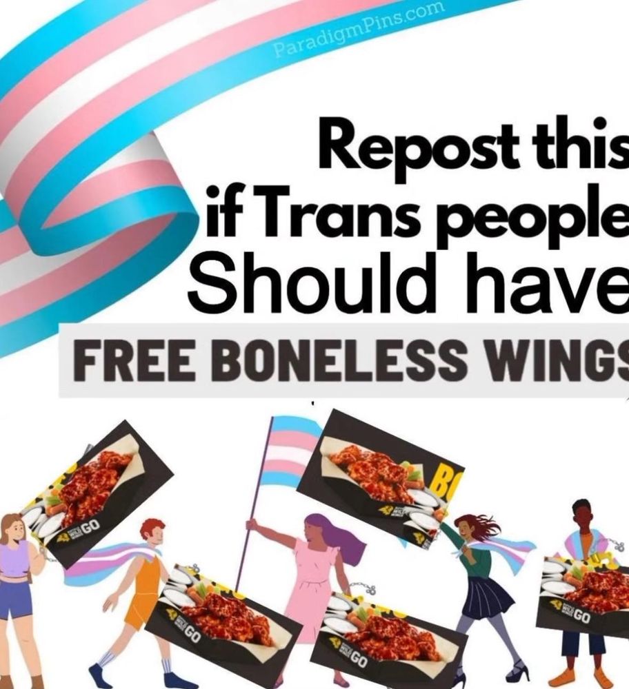 An illustration featuring a colorful transgender pride flag background. It includes the text "Repost this if Trans people Should have FREE BONELESS WINGS." Several diverse characters are depicted holding signs with images of boneless wings, promoting the message.