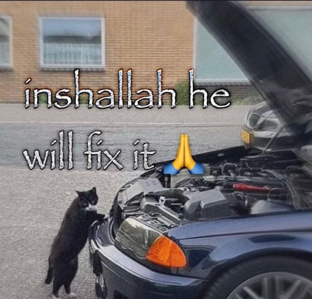A black and white cat is leaning against the hood of a car with its engine exposed. Text overlay reads "inshallah he will fix it" accompanied by prayer hands emoji.