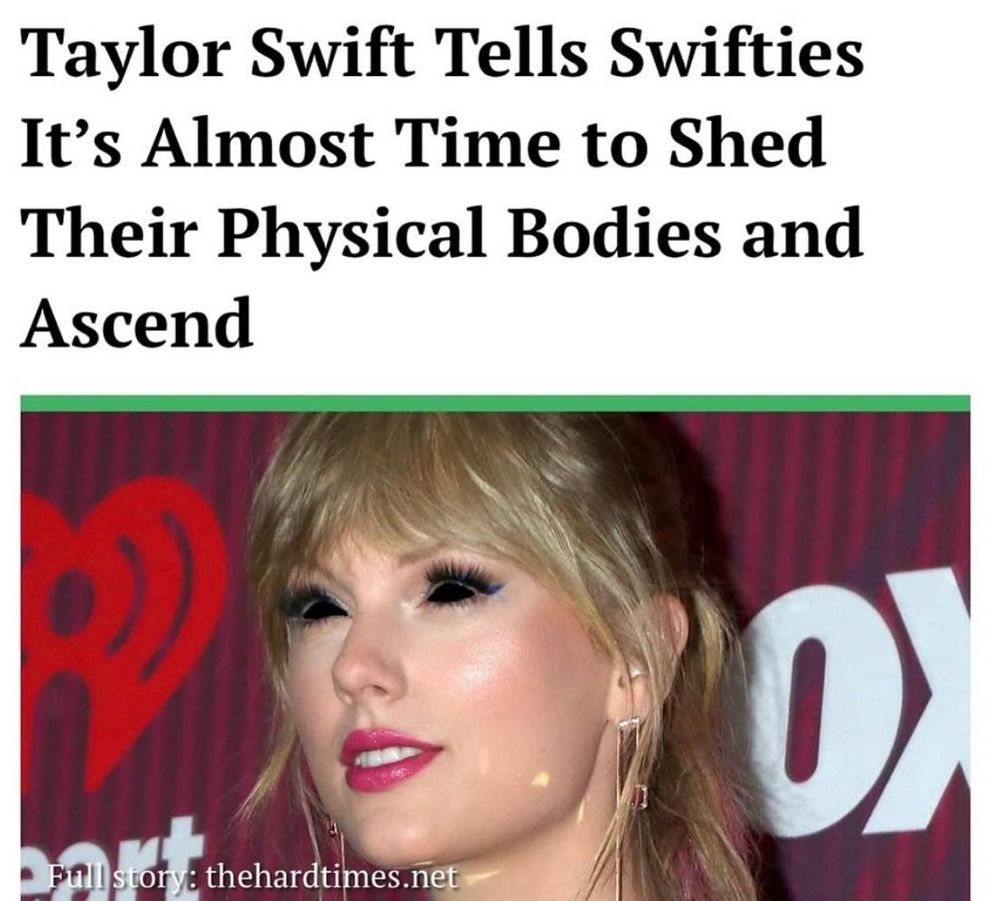The image features a headline claiming that Taylor Swift is encouraging her fans to transcend their physical forms. It includes a photo of Swift with altered facial features, set against a backdrop with a recognizable logo.