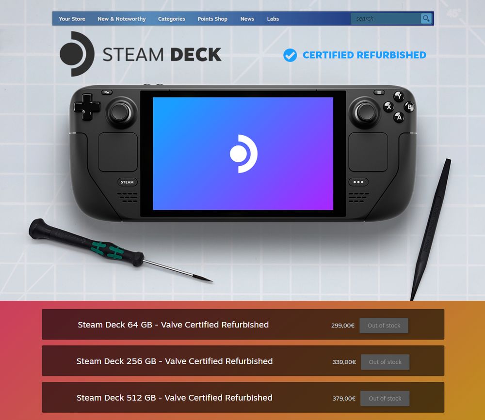 A screenshot from Valve's Steam Deck refurbished page. Showing the Steam Deck with two repair tools and the prices for the 64GB 299€, 256GB 339€ and 512GB 379€ version of the refurbished version (likely the LCD version of the Steam Deck)
