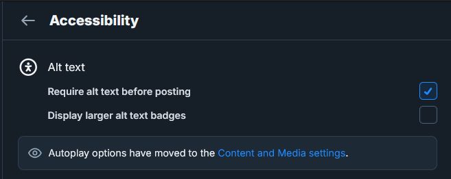 A screenshot of the Accessibility settings page on Bluesky, highlighting "Require alt text before posting" (In an effort to try to make more people use this setting)