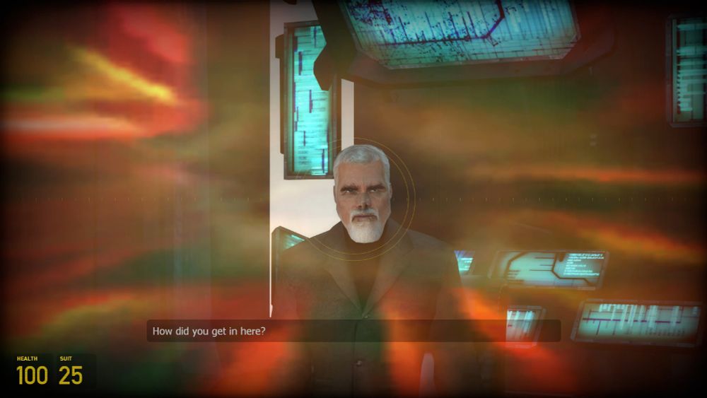 Screenshot from Half-Life 2. Breen has been modded to have a bigger chin, for a similar likeness to the "GigaChad" meme.