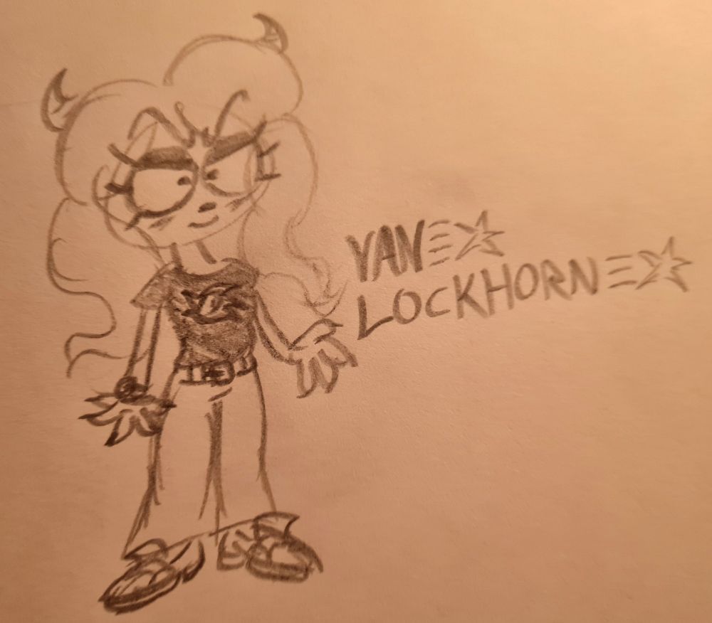 A sheep with wavy hair and horns stands in casual clothing with a hand out. Her name is Van Lockhorn.