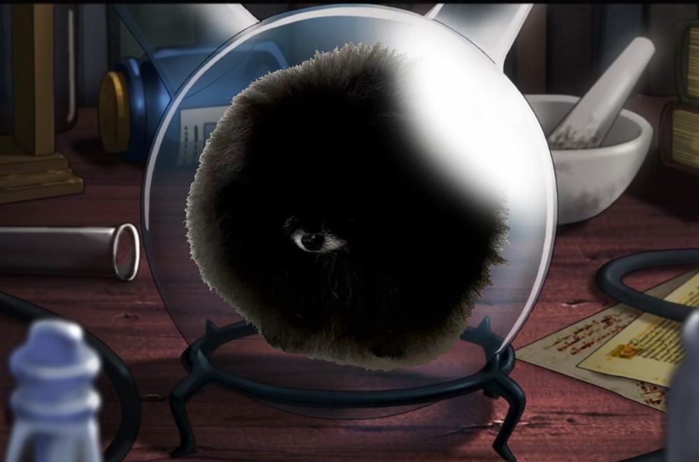 A glass flask on a cluttered deck. The flask has an orb shaped section containing a black, fuzzy entity with a single eye, except the entity has been replaced with a dog who is such a ball of fluff their snoot looks like an eye in the middle of a void of black fuzzy