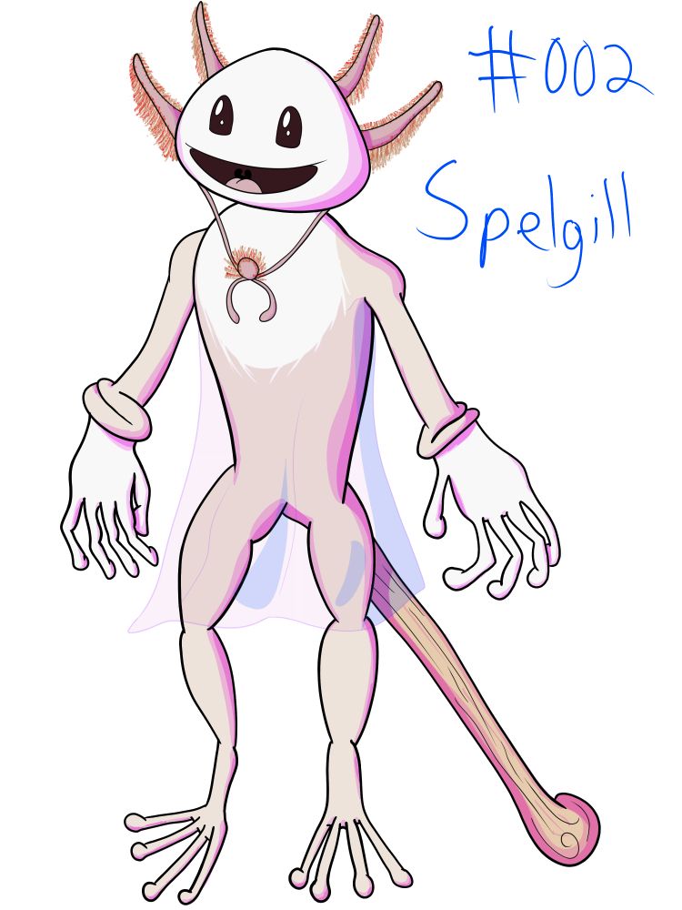 A pinkish axolotl with buffish frog legs and a wooden light brown tail, akin to a staff. Its lower gills tie under its chin, forming a bow. Its hands, face, and chest are a lighter colour, and at the wrists are fleshy glove cuffs. t has a thin dress made of mucous to keep it moist outside of water. Its face effectively is a smiley emote, but the eyes have a bit more definition. Its left hand (on the right) is slightly oversized, still refinding my groove. Finger and toe tips are a bit bulgy. In the top left, it says #002 Spelgill.