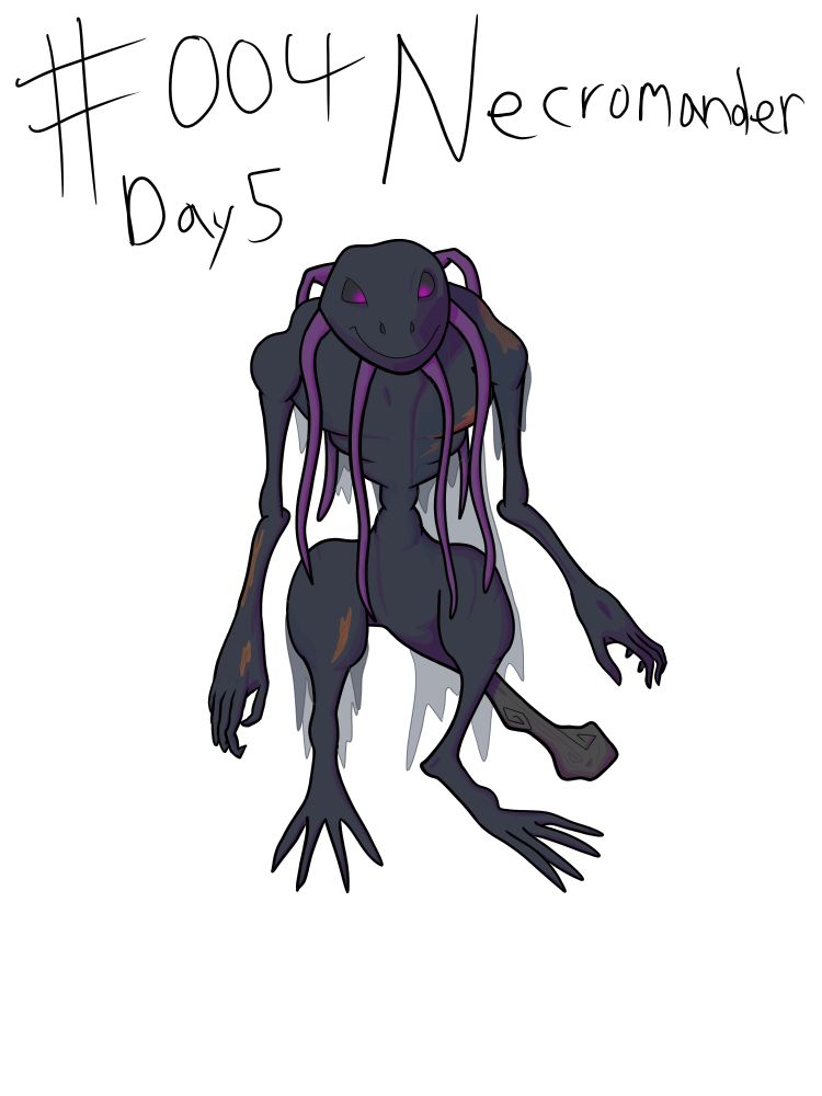 An image of a skeletal, dark greyish-blueish monsters, with long hands and legs that are a bit frog like, bit lizard like. Has a dark wood tail that looks like a gnarled staff. Midsection is unnaturally thing, basically only the spinal cord. Has long purple 'dreads' that reach the hips, the dreads being its gills. Has empty eye sockets that glow with a purple light. Sectons of its dark flesh are torn, revealing rotting muscle underneath. Has dark slim hangin from it, akin to a cape or half cloak.

Text says, "#004 Day 5 Necromander"