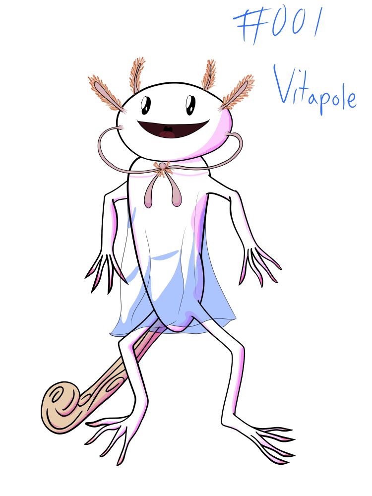 A cartoony white axolotl with small gills. The lower set of gills lack frills and are extra long, tying into a bow under the 'chin' of the axolotl. It has a sheer dress that is made of its mucous, and its tail is literally a wooden staff. In the corner it says #001 Vitapole. It has a happy :D face