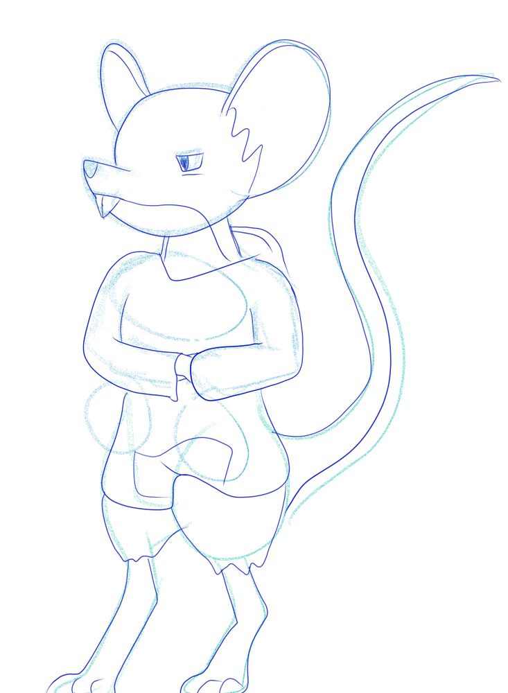Very rough outline of a tired mouse in a hoodie. Very rough. 1:38 AM art on a new OS with lots of kinks to work out. Oh god I see all the errors. Need to remember it was a quick sketch. Just to practice and get used to a new OS, flow, try out styles, etc.