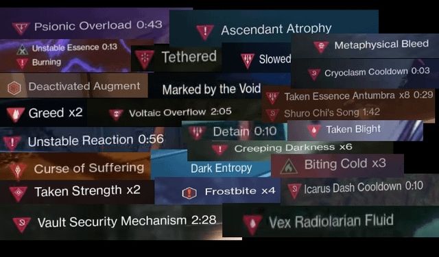 A screenshot of every debuff status effect in Destiny 2. 
