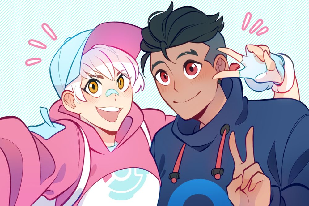 An illustration of Bonez and their partner Andrew as Pokemon trainers. Their characters are posed as if they're taking a selfie together. 