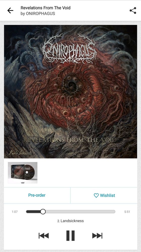 Bandcamp app screenshot showing the song Landsickness by Onirophagus being played.