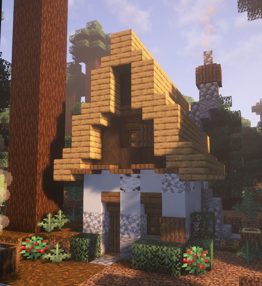 a small cozy minecraft cabin in a mega taiga forest