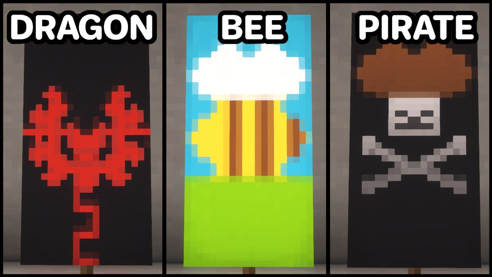 youtube thumbnail from a video about minecraft banner designs, showing a dragon, bee and pirate banner design