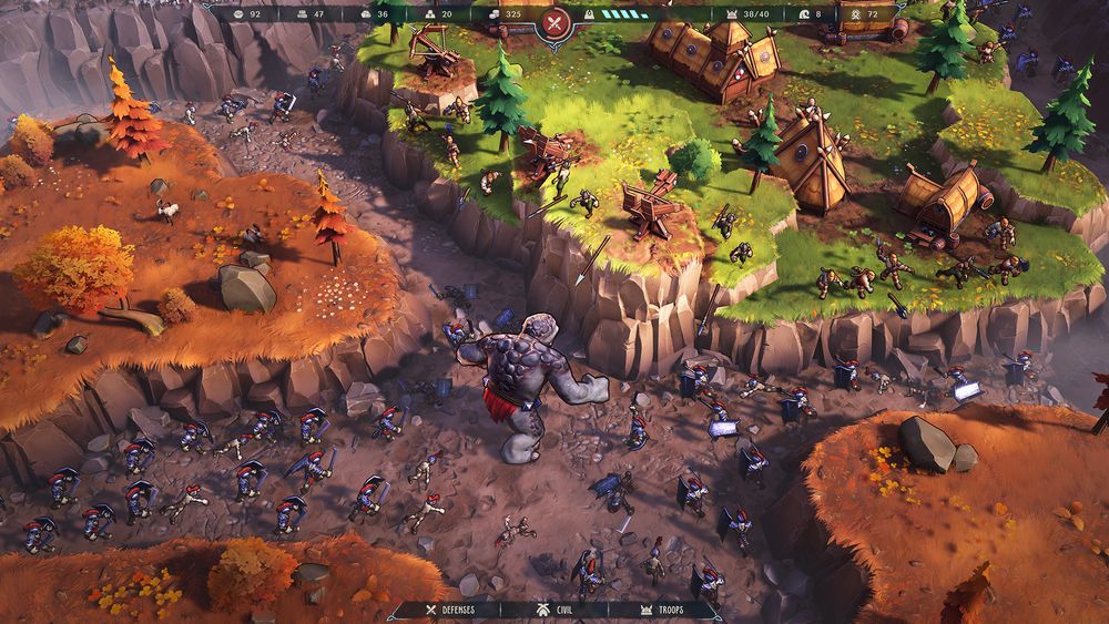 a big troll and a army facing a tower on a cliff with buildings behind