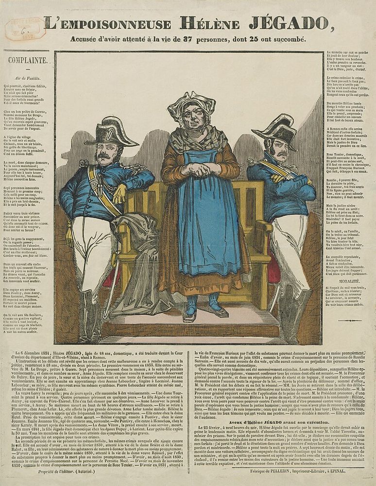 Gravure représentant l'empoisonneuse Hélène Jégado encadrée par deux gendarmes (Épinal, imprimerie Pellerin, vers 1852).