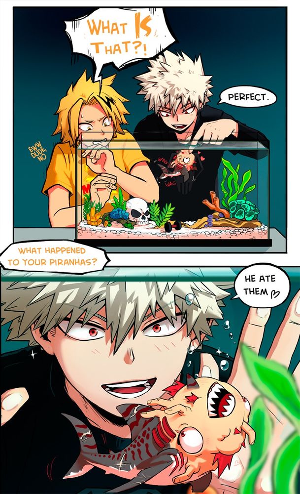 Two panel comic. In the first panel, Kaminari and Bakugou are looking at an aquarium. Bakugou is playing with the aquarium's occupant, a weird mutant fish that appears to be part shark and part meatball-kiri. Kaminari looks grossed out and says "What IS that?!". Bakugou answer's "Perfect~", prompting Denki to think  'Eew dude, no!'. In the second panel of the comic, a speech-bubble for Kaminari asks "What happened to your pet piranhas?" and we see a close-up of Bakugou's 
 smiling face as he presses his hands to the glass to peer into the aquarium at the joyful little mer-meat Kiri, and Bakugou happily answers "He ate them", followed by a little love-heart.