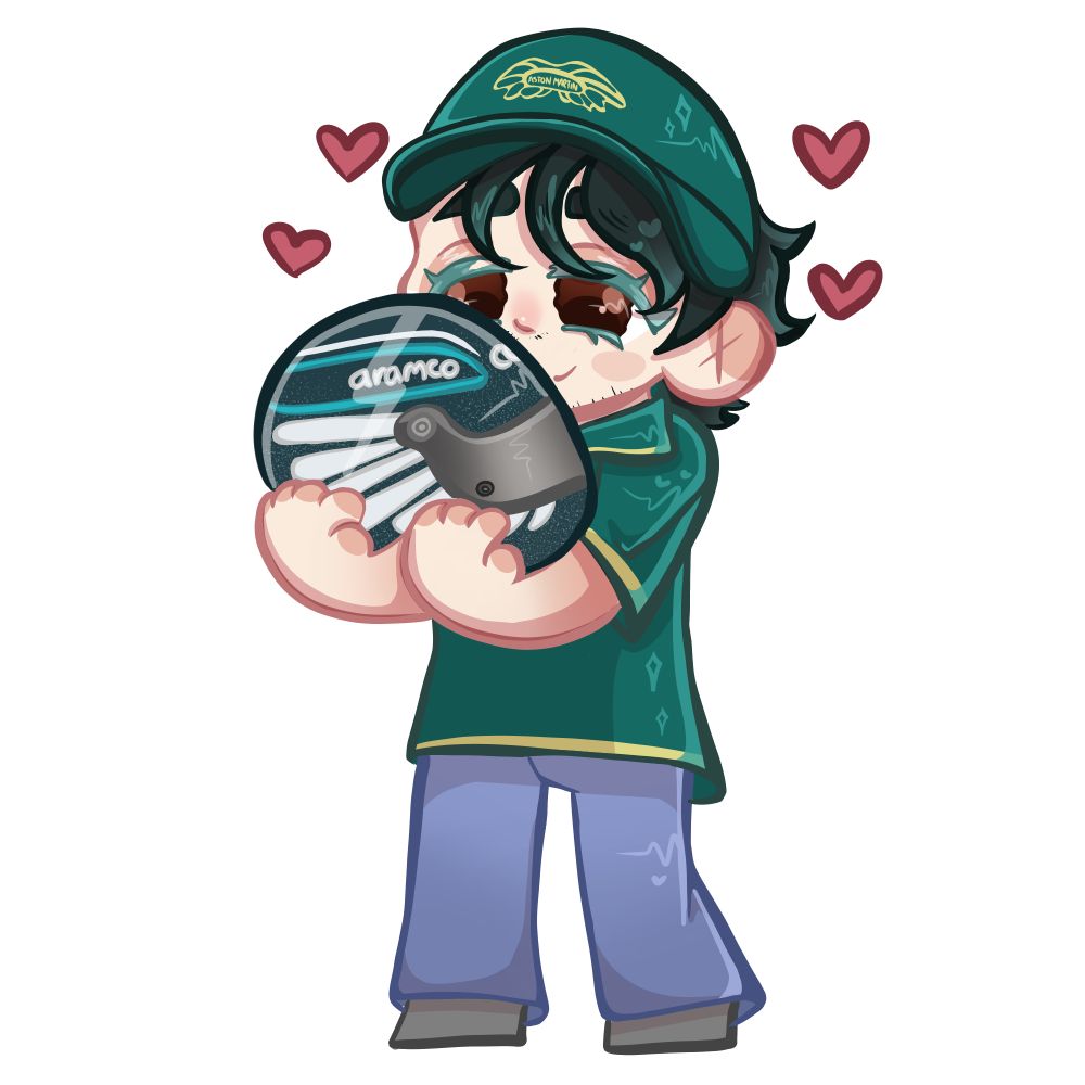 A drawing of the Formula 1 driver for Aston Martin, Lance Stroll. The drawing features Stroll in a cute chibi style. He is holding his 2024 helmet in his hands and wearing an Aston Martin themed shirt and cap. Around him are a couple of hearts, drawn to increase the cute factor of the drawing. 