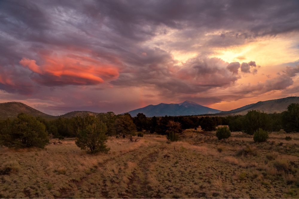 Yellow, pink, and orange sunset clouds in fun shapes in the high desert with mountains in the middle distance