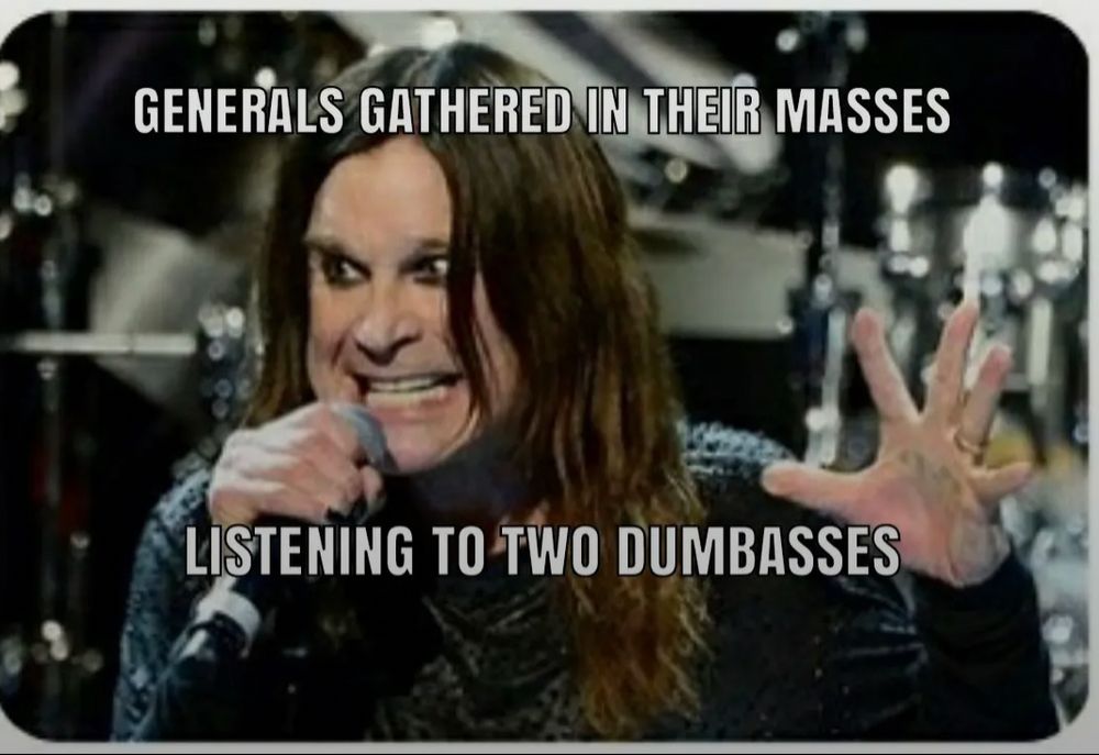Ozzy Obsbourne singing in a concert. The lyric text reads “Generals gathered in their masses… listening to two dumbasses…”