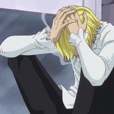 screenshot of sanji smoking while holding his head in his hands