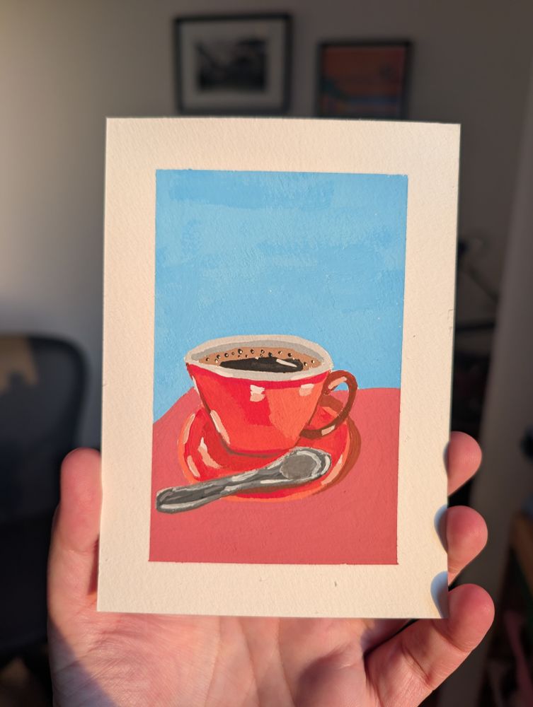 Peinture à la gouache d'une tasse de café Espresso avec une cuillère 