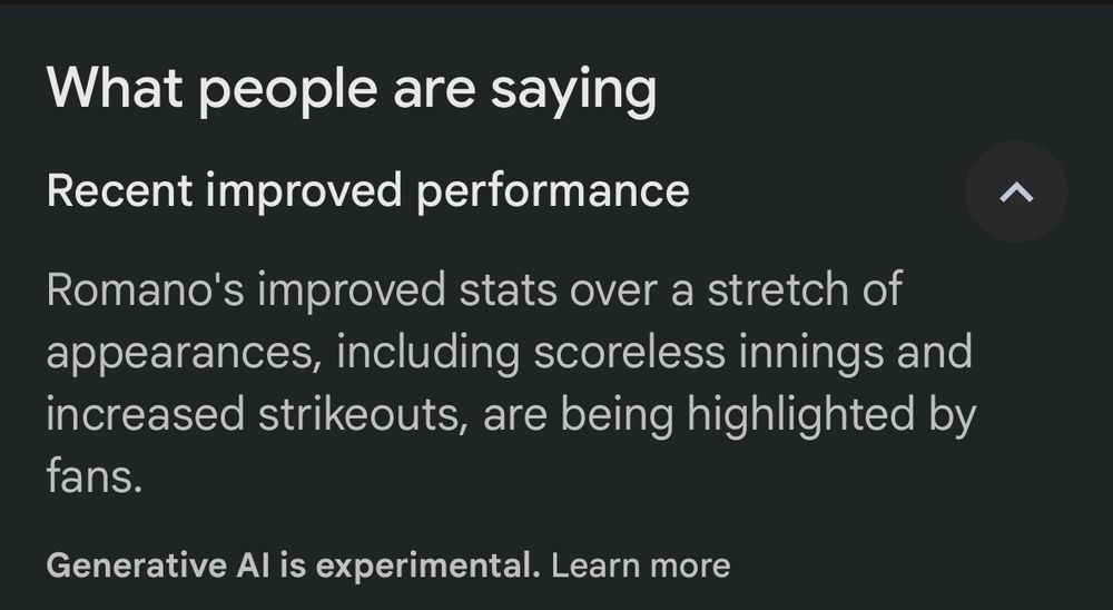 What people are saying
Recent improved performance
Romano's improved stats over a stretch of appearances, including scoreless innings and increased strikeouts, are being highlighted by fans.
Generative Al is experimental. Learn more