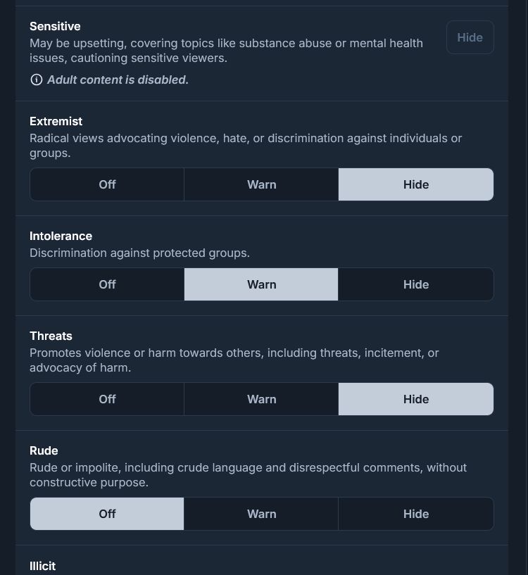 List of Bluesky label toggles from a UK user who has not doxed themselves for age verification. The top toggle, Sensitive, is disabled because 'adult content' but the others 'Extremist', 'Intolerance', 'Threats' and 'Rude' are all active.
