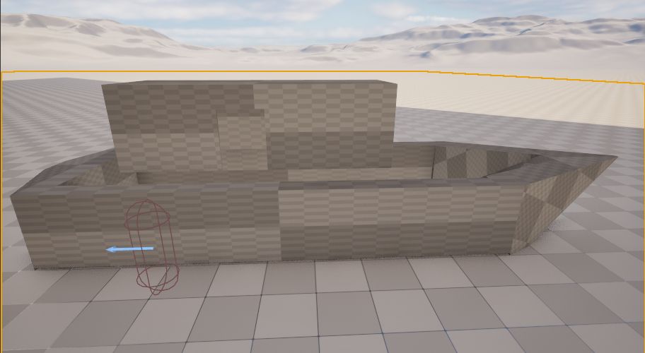Boat-shaped prototype in Unreal Engine 5. It is textured in a grey check pattern and made of several shape brushes