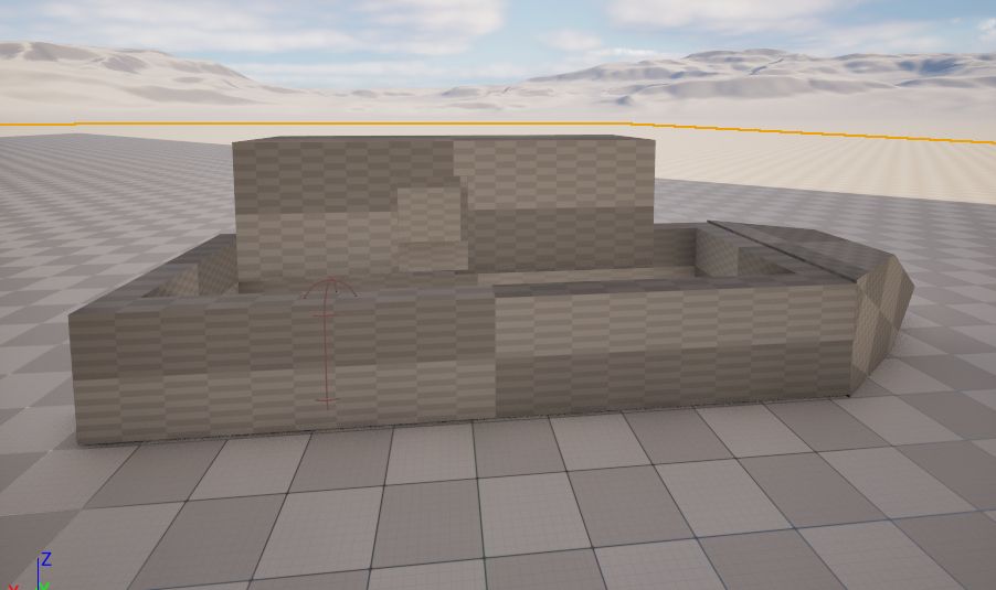 Unreal Engine 5 screencap. A rough boat shape made out of block brushes, with a boxy main body, a small box cabin with a door, and a pointed front.