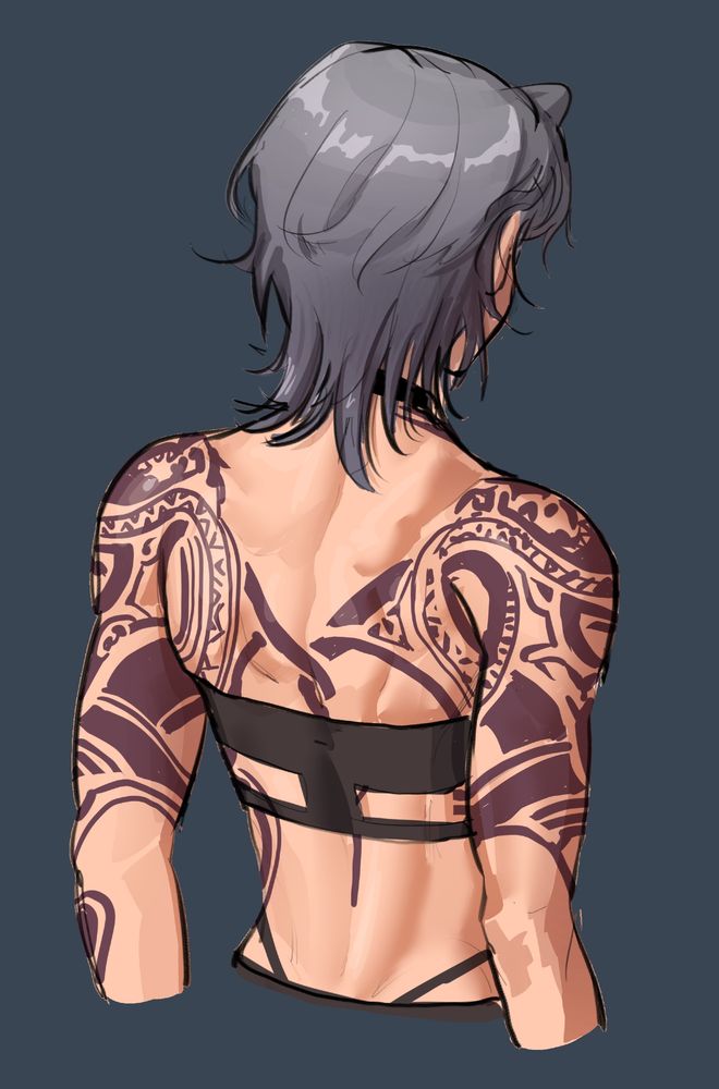 the back of a  woman with wolfcut gray hair down to her neck and a really detailed back tattoo