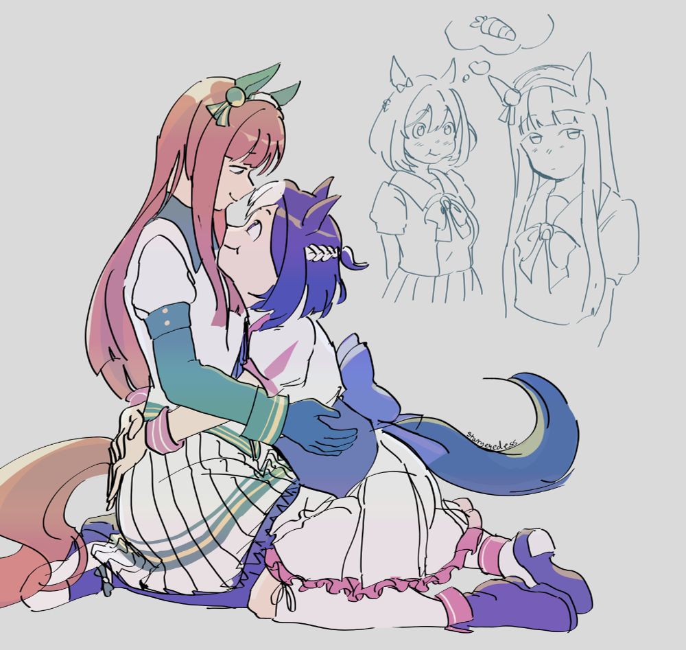 special week and silence suzuka sitting down, spe's arms are wrapped around suzuka's waist and shes resting her chin on her chest, looking up at her with a wide grin.  suzuka is extending her arm to return the hug and looking at special week affectionately. theres also another smaller sketch of special week looking at silence suzuka and thinking of a carrot