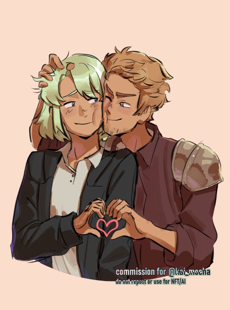 a green haired woman and ginger haired man putting their hands together to form a heart shape. the guy is also ruffling his partner's hair
