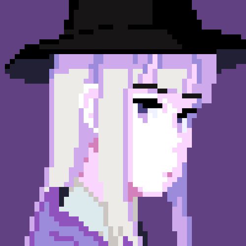 pixel portrait of Elain Lunesyr a changeling sorcerer with purple eyes, blunt bangs, long hair, and a black witch hat. she wears an apathetic expression