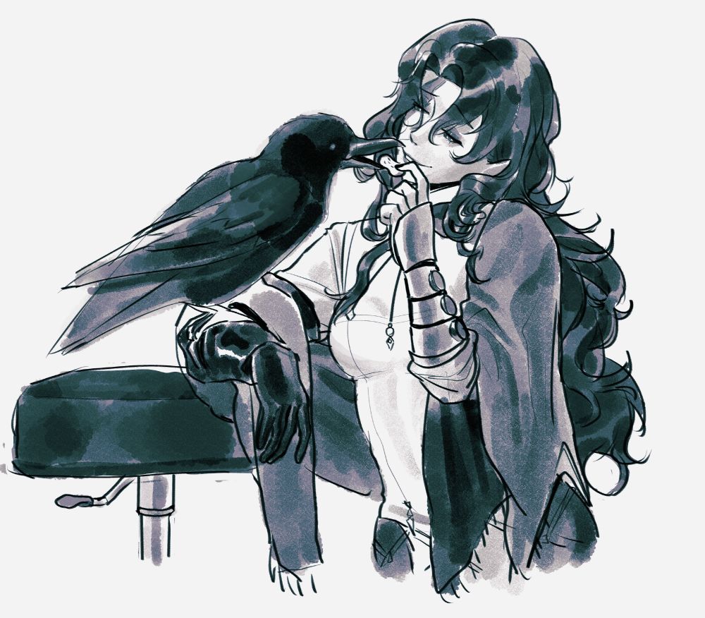 Raven from path to nowhere leaning her arm on a stool where a raven is perched, to whom she is feeding a peanut