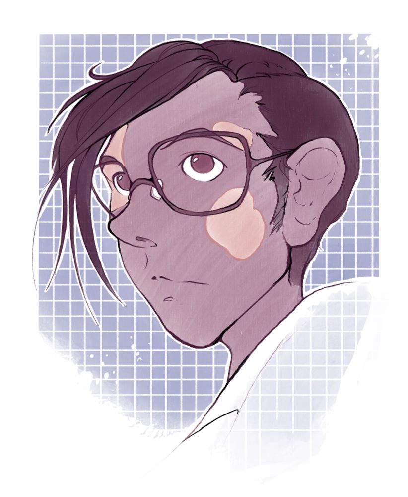 Digital art of a bust portrait of Coda, looking off-camera against a simple grid pattern background. The colour palette is in browns, tans, and purpley blues. 