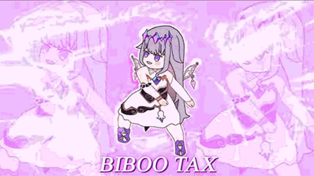 a cartoon girl in a white dress is standing on a purple background with the words biboo tax .