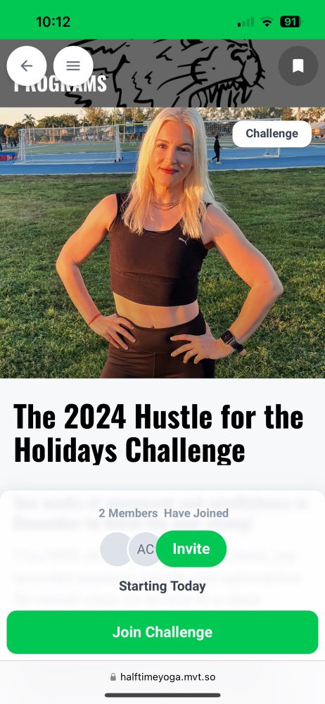 Screenshot from the Halftime Yoga app by Arielle Castillo showing the homepage for the Hustle for the Holidays challenge