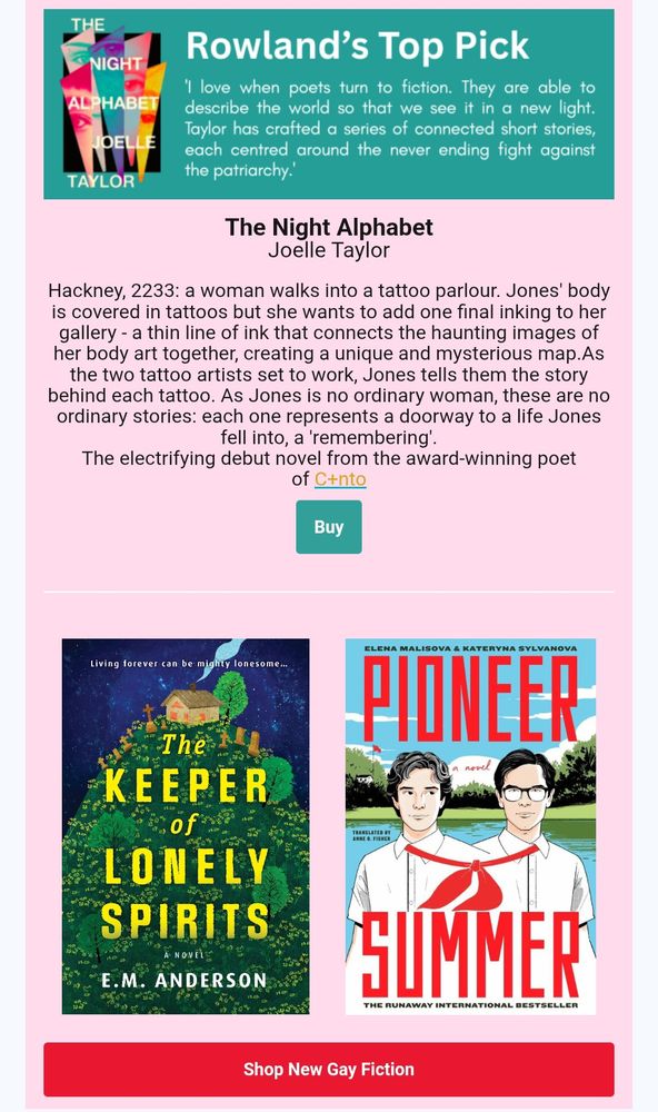 Screenshot of an email newsletter that features "Rowland's Top Pick": The Night Alphabet by Joelle Taylor. Below it are the covers for The Keeper of Lonely Spirits by E.M. Anderson and Pioneer Summer and a link reading "Shop New Gay Fiction".