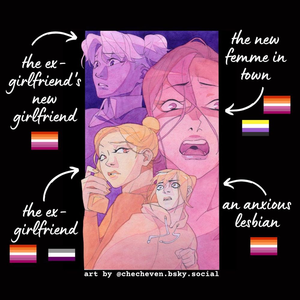 A watercolour horror-movie style poster depicting four feminine figures in monochrome the orange and pink of the lesbian flag. The first labelled "an anxious lesbian" with a lesbian pride flag, is a girl with long bangs, wearing a hoodie, running from something frightening. Next, a girl with her hair in a bun holding a landline phone, looking over her shoulder, frightened, is labelled "the ex-girlfriend" with the lesbian flag and the asexual flag. Next, a feminine Asian person screams, their hair all over their face, labelled "the new femme in town" with the lesbian flag and the nonbinary flag. The final figure is a girl with short pigtails wearing a collared shirt, looking to the side with fear, labelled "the ex-girlfriend's new girlfriend" with the lesbian flag. Art by @checheven.bsky.social