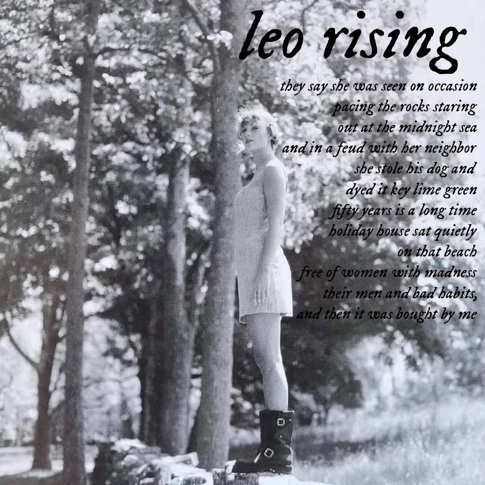 Leo rising
they say she was seen on occasion pacing the rocks staring out at the midnight sea
and in a feud with her neighbor
she stole his dog and dyed it key lime green fifty years is a long time holiday bouse sat quietly
on that beach
free of women with madness their men and bad habits, and then it was bought by me