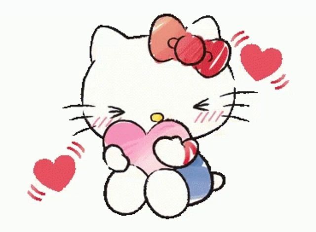 a drawing of hello kitty holding a heart with hearts surrounding her