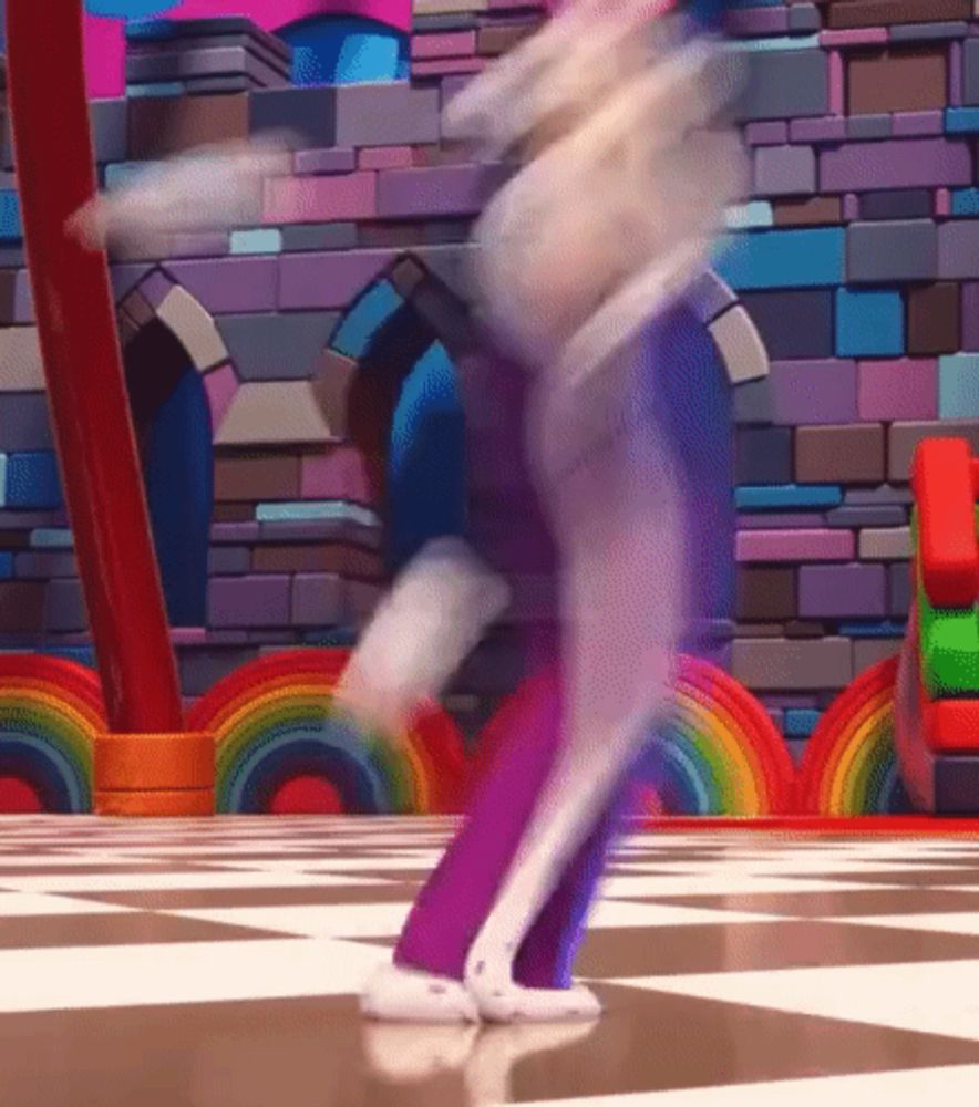 a cartoon character is dancing on a checkered floor in front of a rainbow .