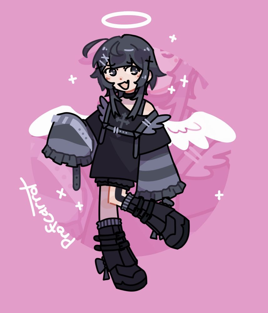 A drawing of Mitsunba's character Koko. They have angel wings and a halo, and are posing in front of a simple pink background.