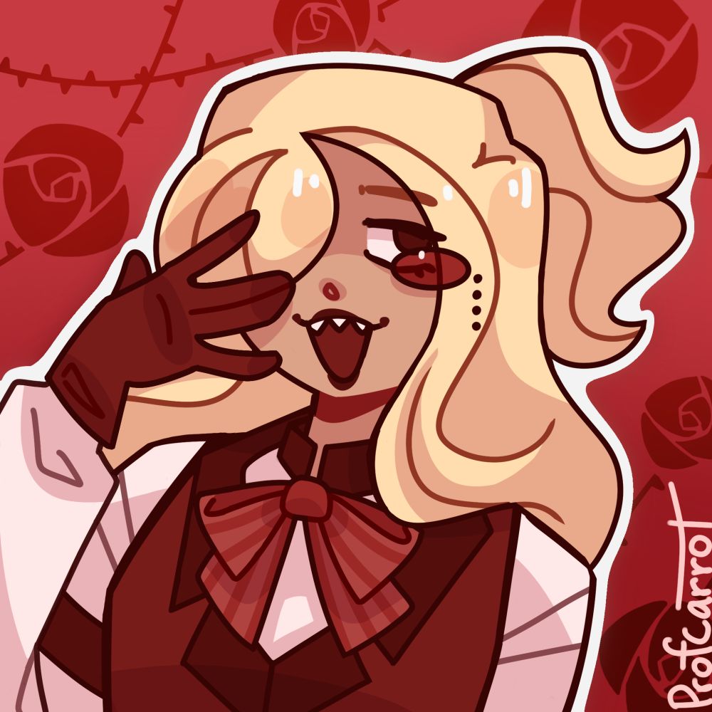 A drawing of Hierozphant's character Sylvia. He's wearing a red monacle, gloves, and vest with a white shirt underneath, and has long blonde hair. She's holding a hand up to her face and has a big smile with pointy teeth.