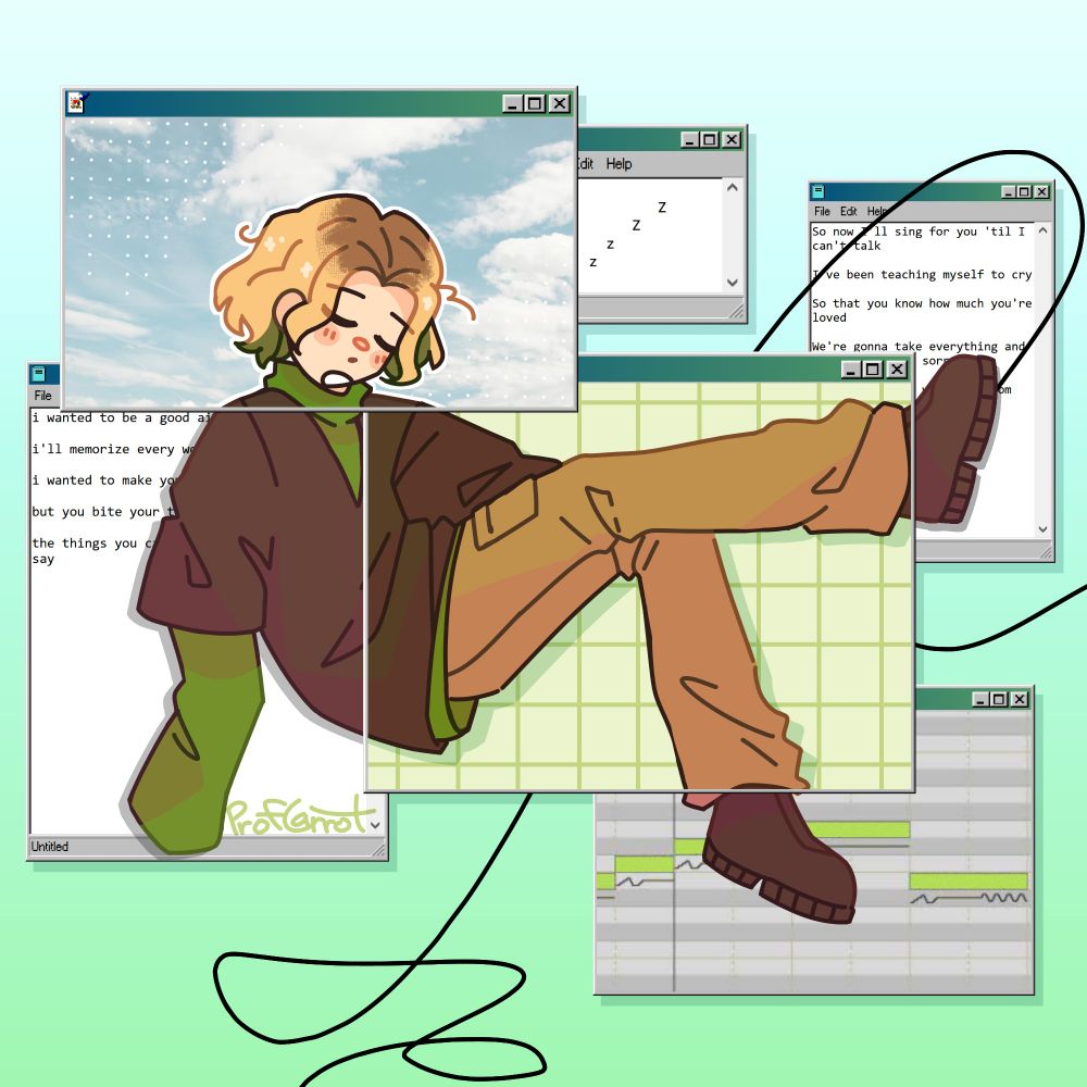 A drawing of vocaloid Po-Uta. He's sleeping in a floating pose and framed by windows 95 style browser windows. Inside two of them the lyrics to "Humansongs" are written out notepad style.